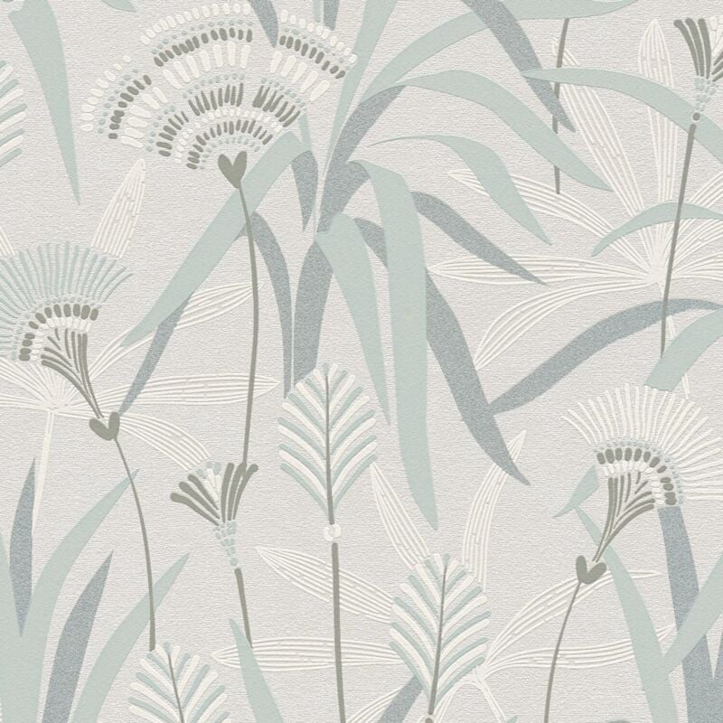 foto del prodotto carta da parati floreale profhome 399363 carta da parati tnt leggermente strutturata con cannuccia di palude ed accenti metallici grigio azzurro verde 5,33 m2