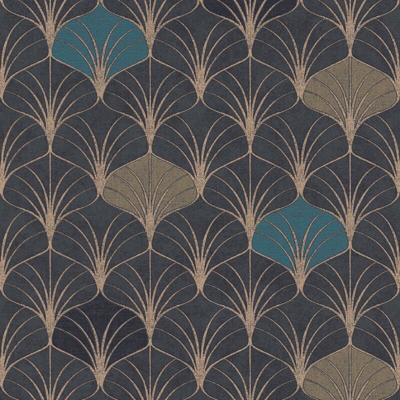 foto del prodotto carta da parati grafica profhome 374833 carta da parati tnt liscia con forme geometriche lucida oro nero azzurro 5,33 m2