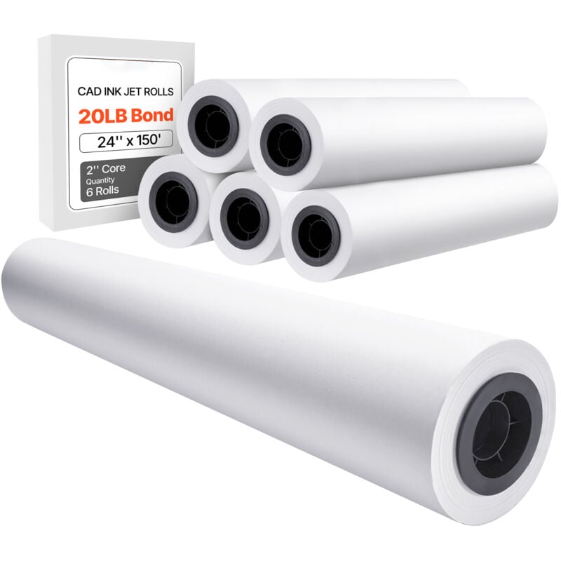foto del prodotto carta per plotter wide format, 24 x 150 piedi, 6 rotoli, carta bond da 20 libbre con anima da 2 pollici, ideale per disegni cad, progetti di