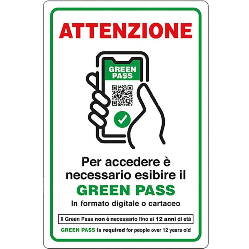 foto del prodotto cartello 'accesso con esibizione di green pass' cm 20 x 30 - alluminio