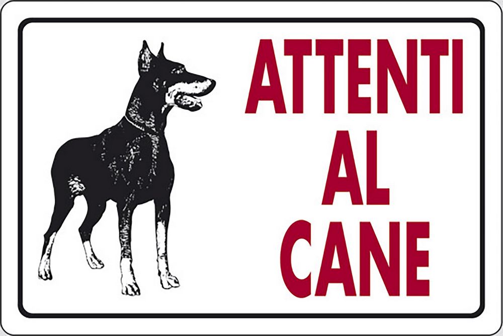 foto del prodotto cartello attenti al cane dobermann scritta rossa 30cmx20cm