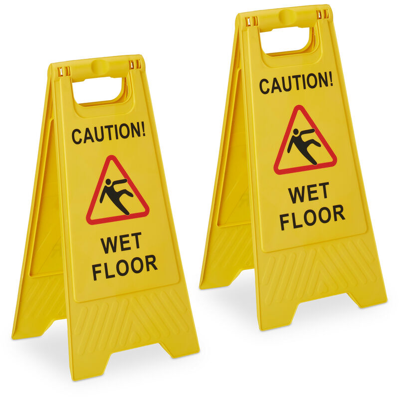 foto del prodotto cartello avvertimento antiscivolo, set da 2, segnale pieghevole, scritta in inglese caution wet floor, giallo relaxdays