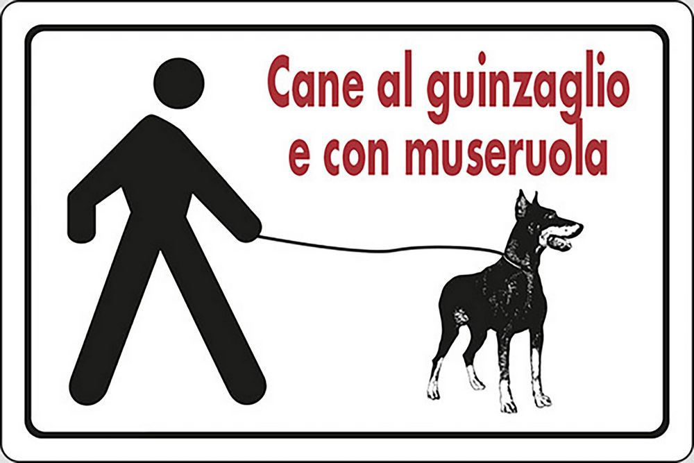 foto del prodotto cartello cane al guinzaglio con museruola parchi spazi aperti 30cmx20cm