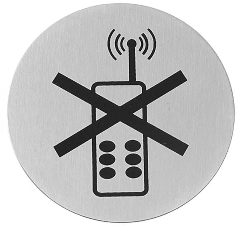 foto del prodotto cartello informativo autoadesivo vietato l uso dei telefoni, acciaio inossidabile, diam. 75mm hendi 663653