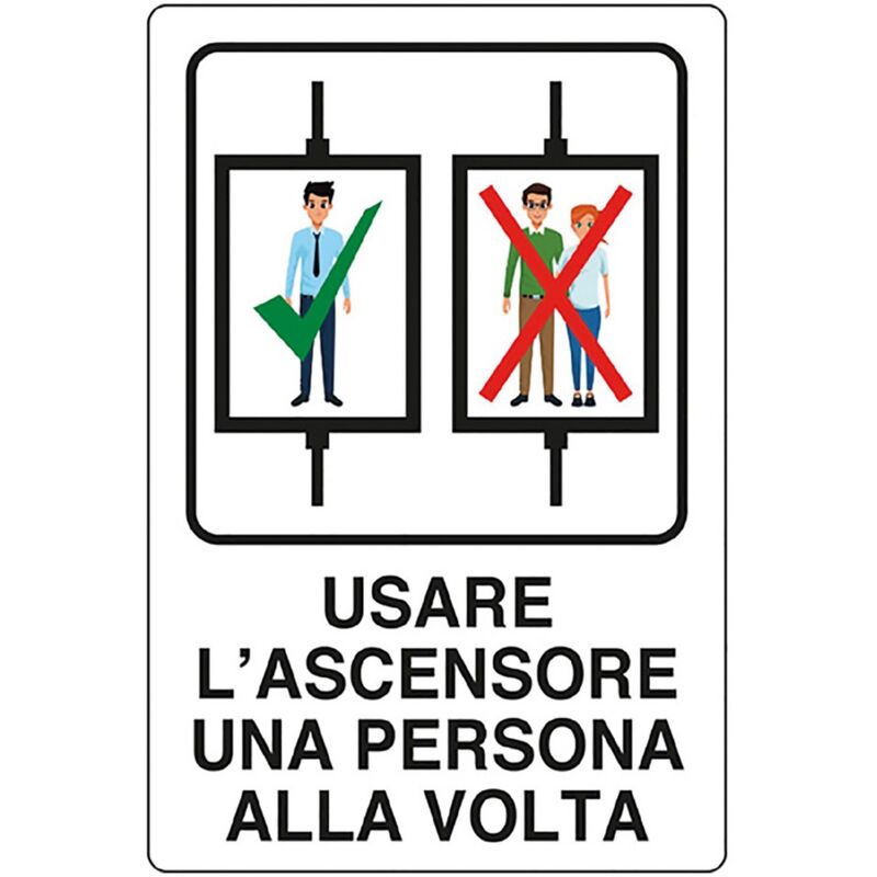 foto del prodotto cartello 'usare ascensore 1 per volta' cm 20 x 30 - alluminio