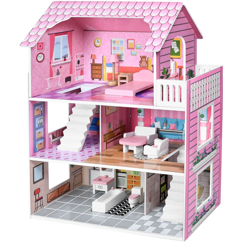 foto del prodotto casa delle bambole in legno e casa dei sogni per bambini, con 3 piani compresi mobili, per lunghi giochi creativi, tipo a, 60 x 24 x 70 cm aufun