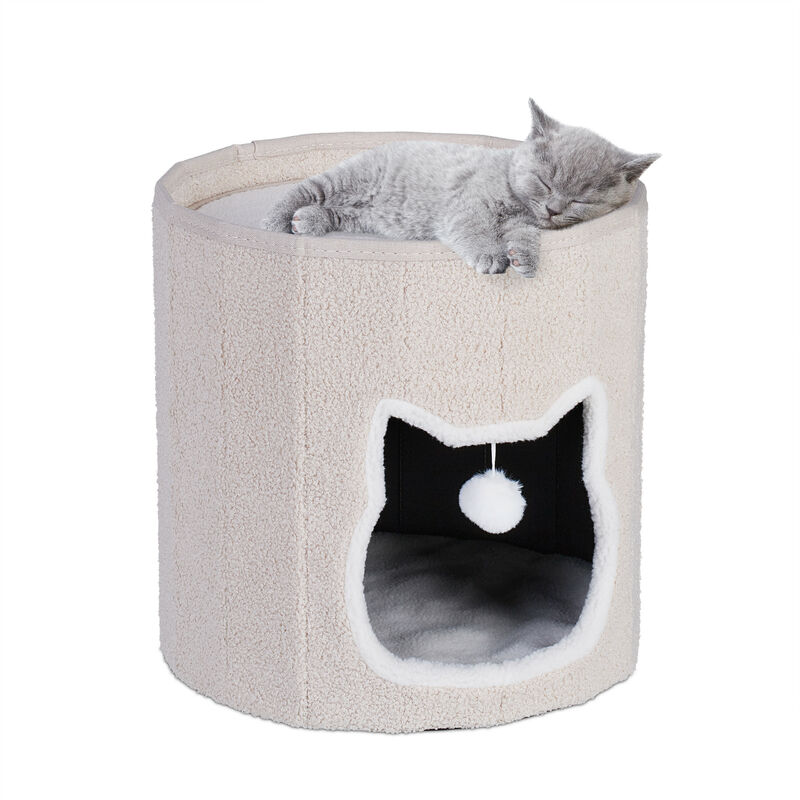 foto del prodotto casa per gatti, cuccia morbida pieghevole, hxd 40 x 39 cm, casetta con cuscini, pallina per giocare, beige relaxdays