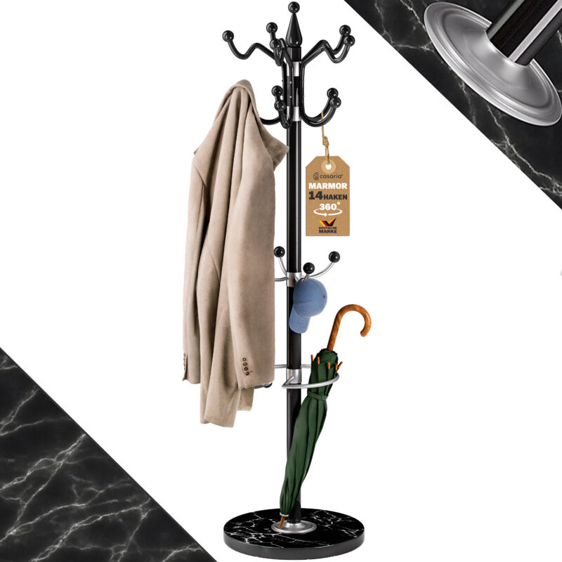 foto del prodotto casaria® appendiabiti in metallo con base in marmo 14 ganci ruotabili a 360° stabile moderno 37x37x175cm corridoio ufficio attaccapanni portabiti black (en)
