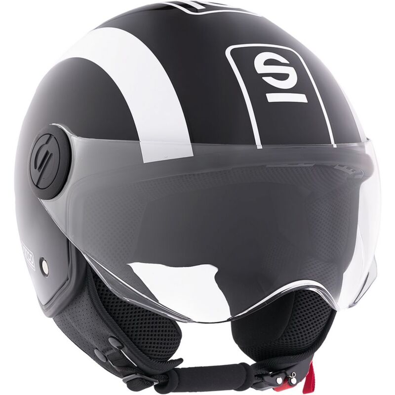 foto del prodotto casco demi jet per moto nero e bianco con calotta in abs taglia m sparco