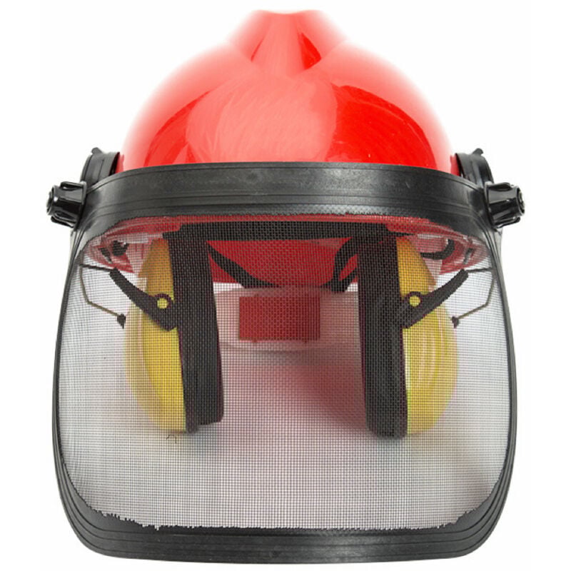 foto del prodotto casco di protezione forestale completo facilmente regolabile in lunghezza, fascia pieghevole e regolabile, auricolari antirumore regolabili 