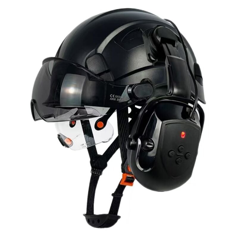 foto del prodotto casco di sicurezza con visiera bluetooth, cuffie antirumore snr 26 db, casco rigido con visiera, cuffie antirumore montate, caschi rigidi ventilati