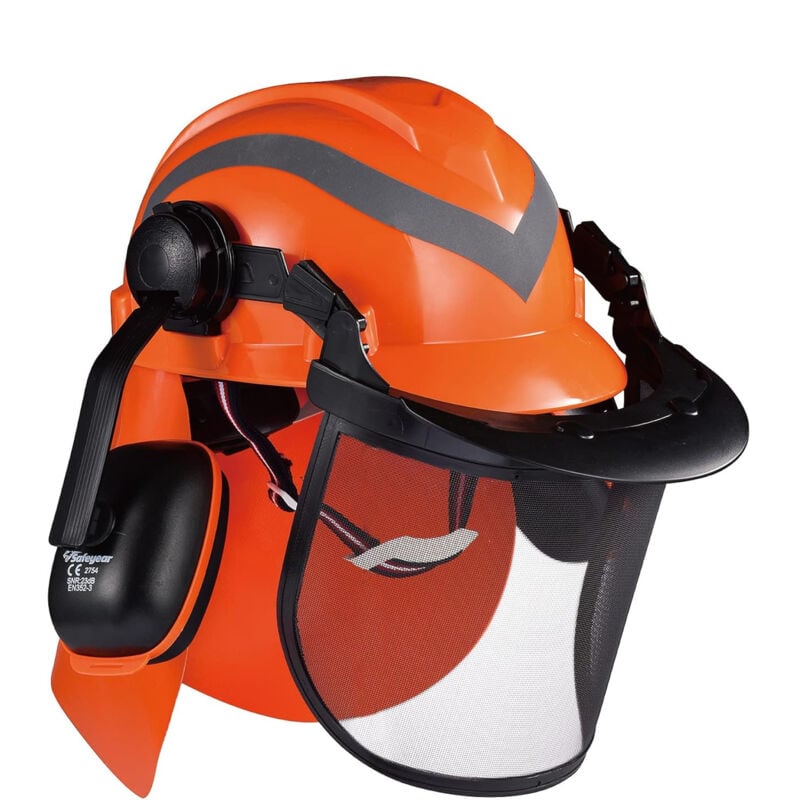 foto del prodotto casco protettivo per adulti con occhiali antigraffio, protezioni per le orecchie, casco di sicurezza con sottogola, striscia riflettente e foro