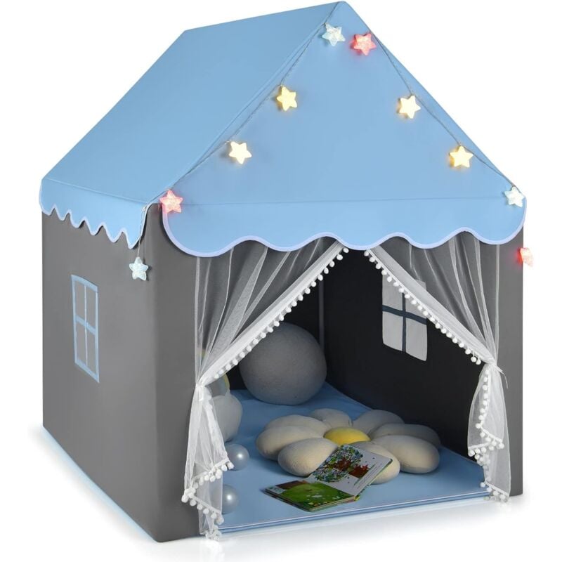 foto del prodotto casetta a tenda da gioco per bambini, con materassino in fondo, porta in velo e finestrini laterali, luci colorate a forma di stella, per cameretta e