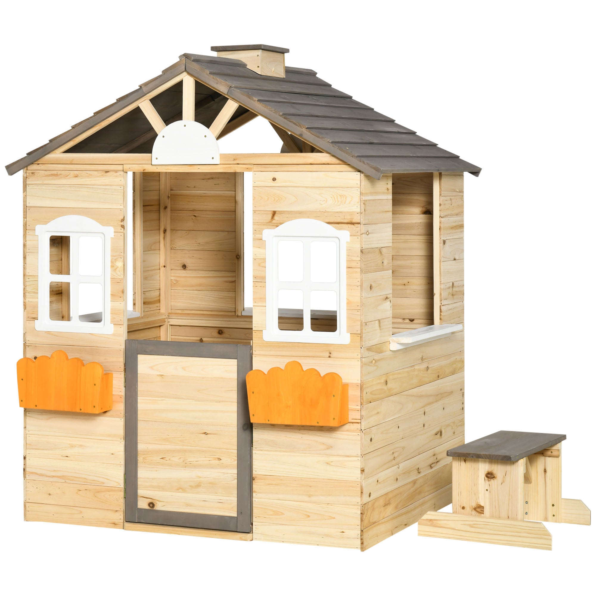 foto del prodotto casetta bimbi 3 7 anni a 2 finestre con portavasi e panchina 113lx94x134,5 cm in legno di abete e pp naturale