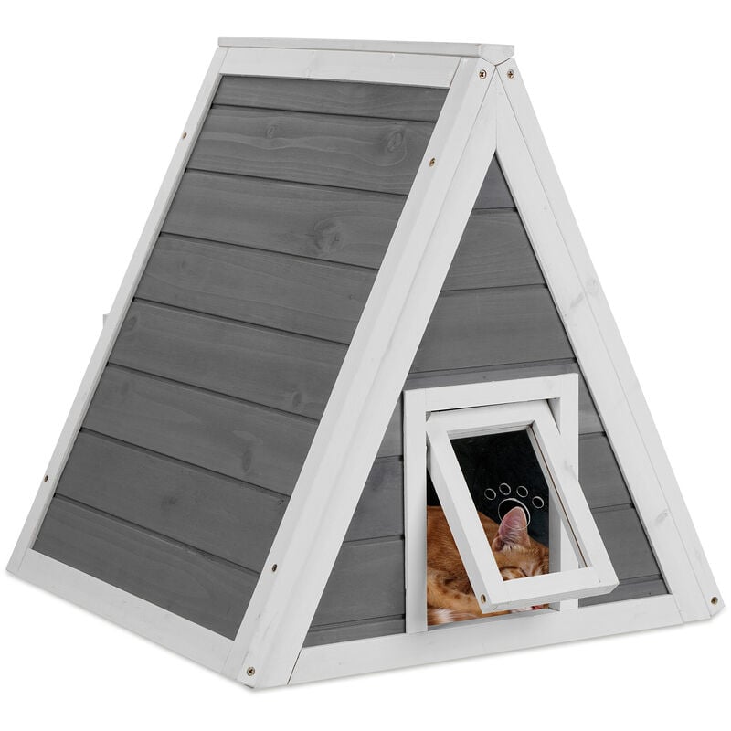 foto del prodotto casetta da esterni per gatti, cuccia in legno, resiste alle intemperie, 54x52x64 cm, 2 ingressi, grigio bianco relaxdays