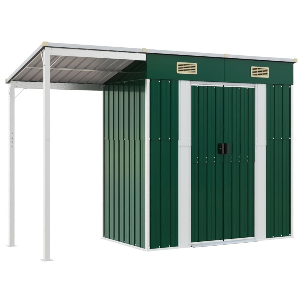 foto del prodotto casetta da giardino casetta per cabine casetta per riporre gli oggetti casetta per esterni casetta per attrezzi robusta con tetto esteso 277 x 110,5 x 181 cm acciaio verde 02 0022221