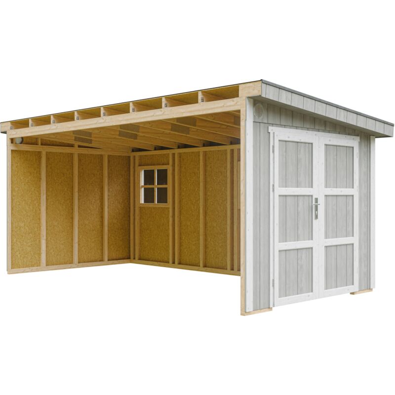 foto del prodotto casetta da giardino di qualit premium 11,47 m h231x248x530 cm senza pavimento e parete laterale timbela m940b tundra grey