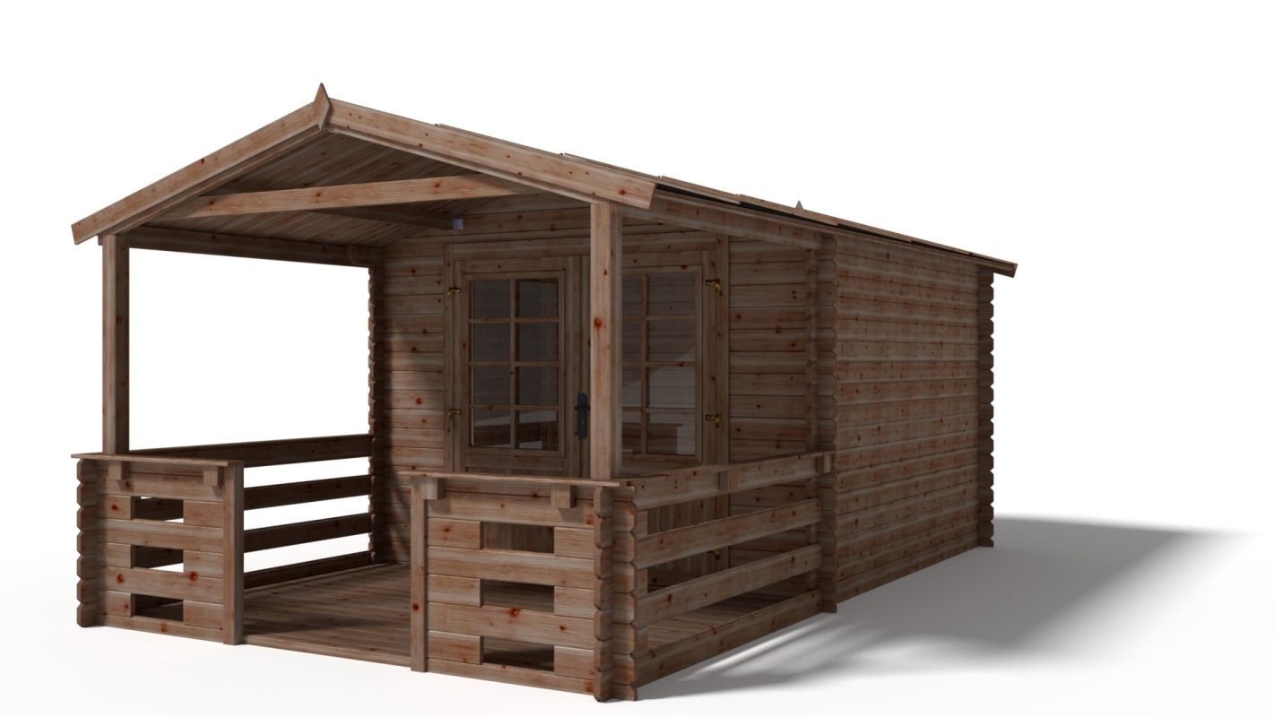 foto del prodotto casetta da giardino in legno con veranda e tettoia 15.00m2 3.00x3.00m impregnata 28mm colore marrone dom427 dom146 dom147 pod05 altanka