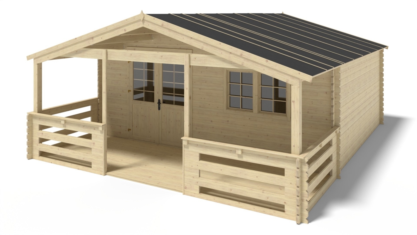 foto del prodotto casetta da giardino in legno con veranda e tettoia 42.00m2 6.00x5.00m 40mm colore naturale dom747 dom553 dom555 pod04 altanka