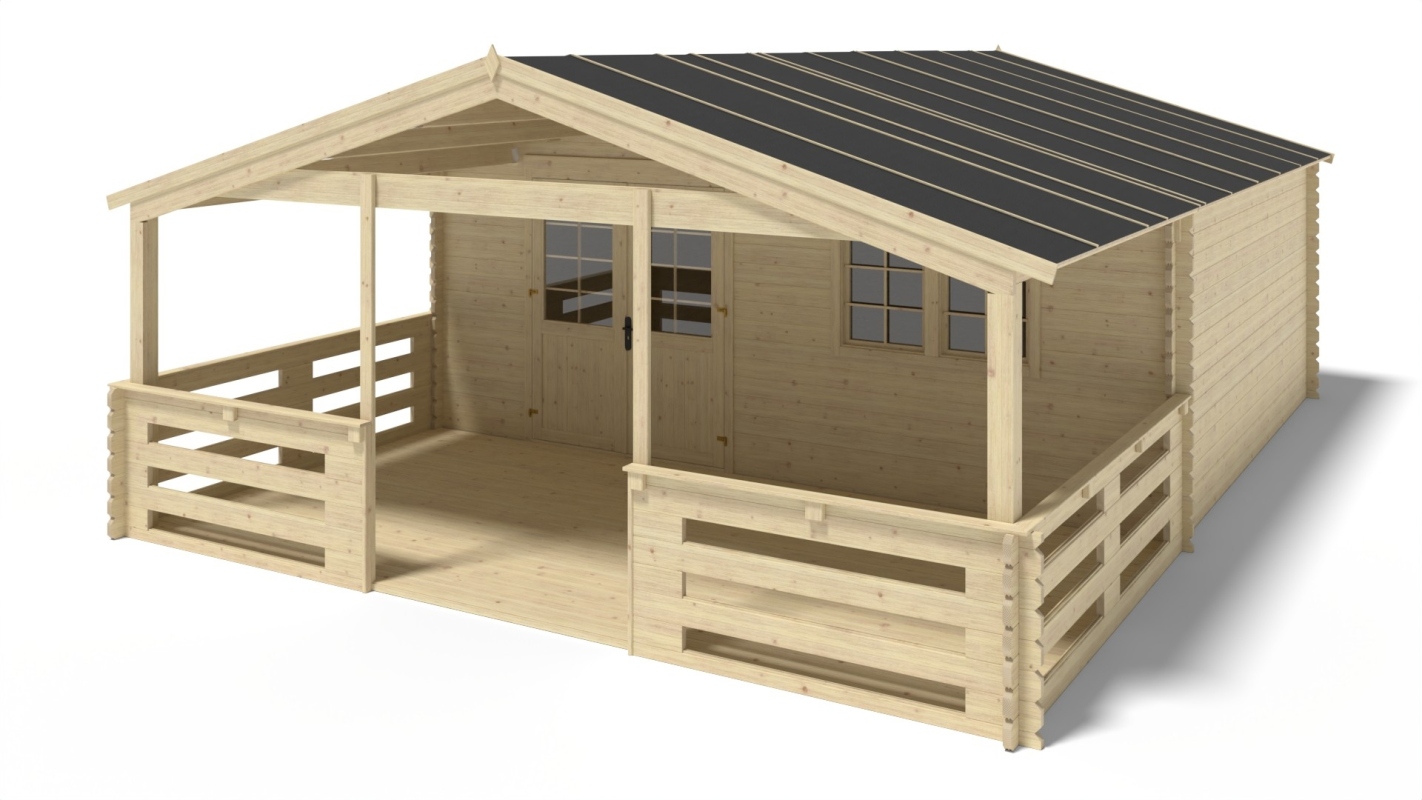 foto del prodotto casetta da giardino in legno con veranda e tettoia 48.00m2 6.00x5.00m 40mm colore naturale dom747 dom556 dom558 pod04 altanka