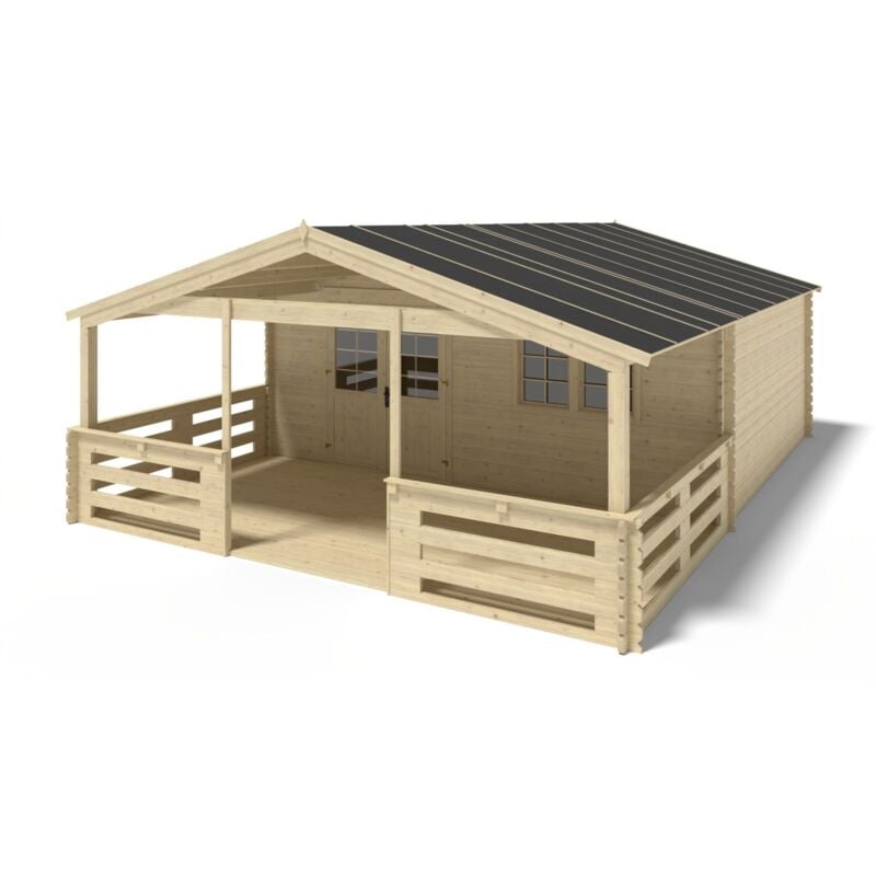 foto del prodotto casetta da giardino in legno con veranda e tettoia 48m2 6x5m 40mm colore naturale dom747 dom556 dom558 pod04