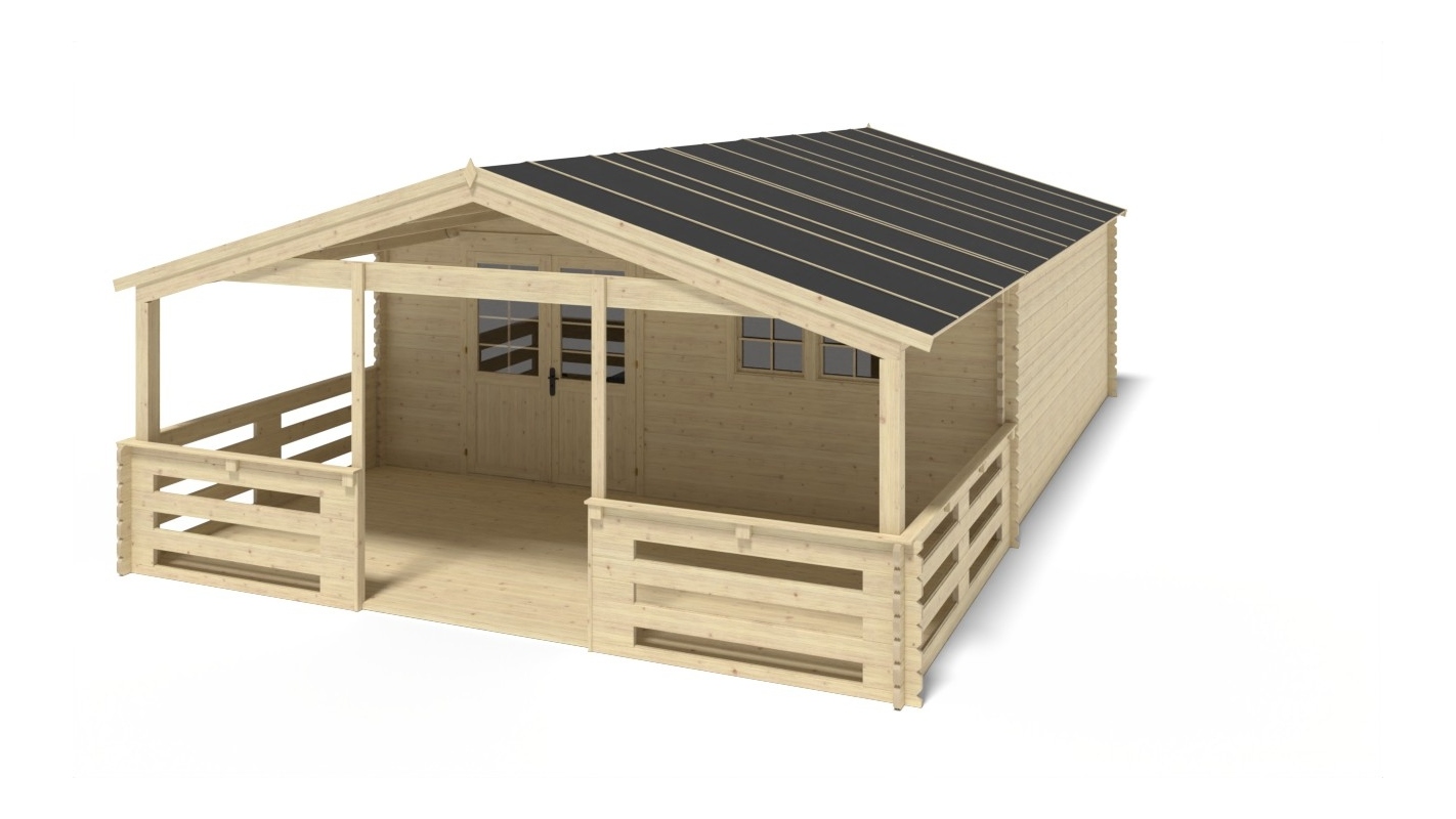 foto del prodotto casetta da giardino in legno con veranda e tettoia 54.00m2 6.00x6.00m 40mm colore naturale dom749 dom556 dom558 pod04 altanka