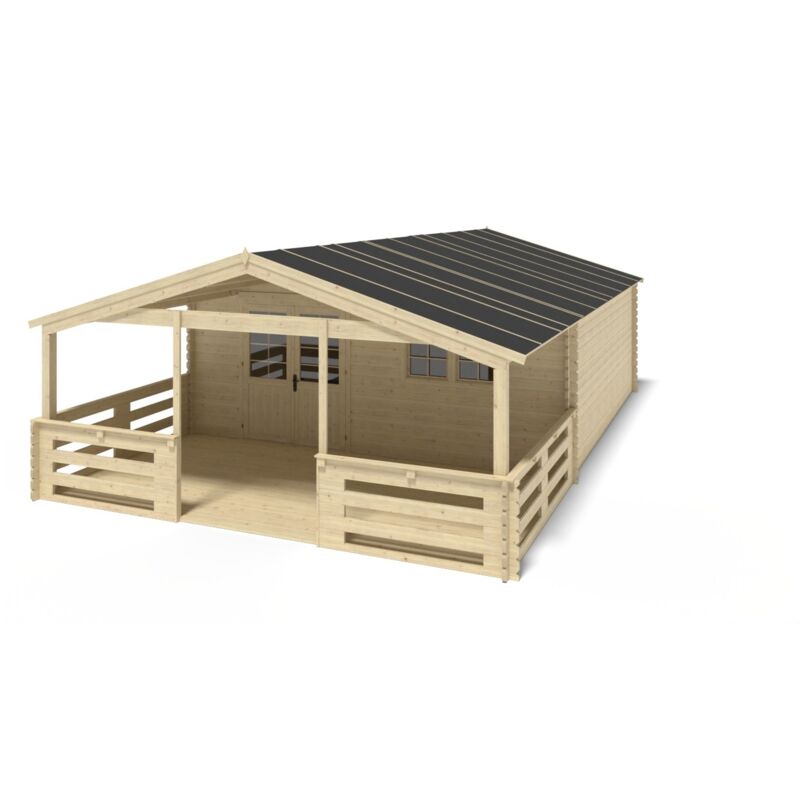 foto del prodotto casetta da giardino in legno con veranda e tettoia 54m2 6x6m 40mm colore naturale dom749 dom556 dom558 pod04