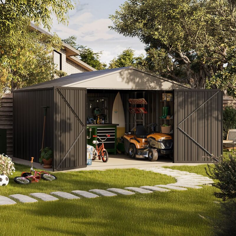 foto del prodotto casetta da giardino in metallo pioneer y130 struttura autoportante doppia porta rinforzata chiusura con chiave inclusa montanti a v