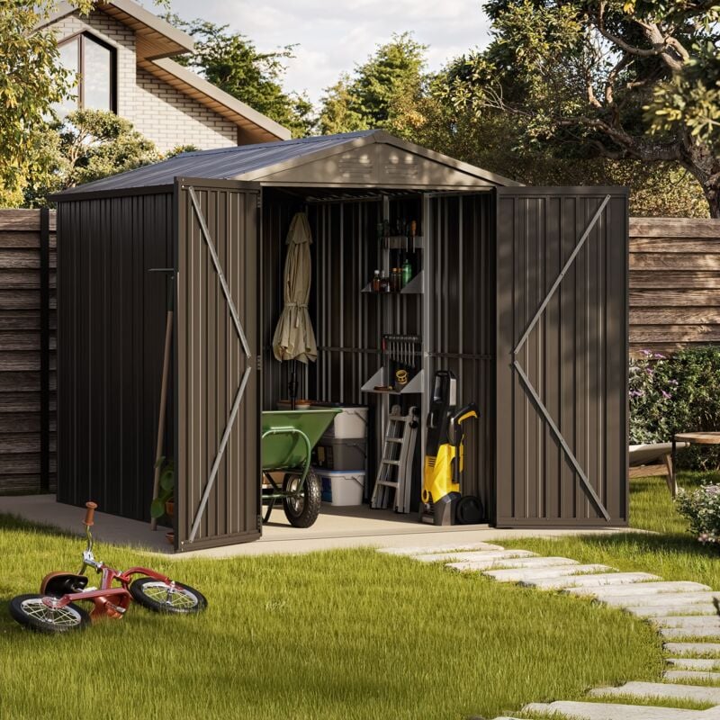foto del prodotto casetta da giardino in metallo pioneer y50 struttura autoportante doppia porta rinforzata chiusura con chiave inclusa montanti a v capannone
