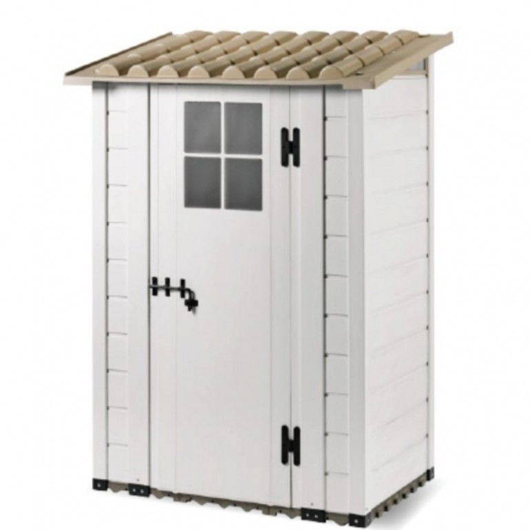 foto del prodotto casetta da giardino in resina tuscany evo 100 con 1 porta centrale, pavimentazione inclusa, colore beige, 95x139x201h cm