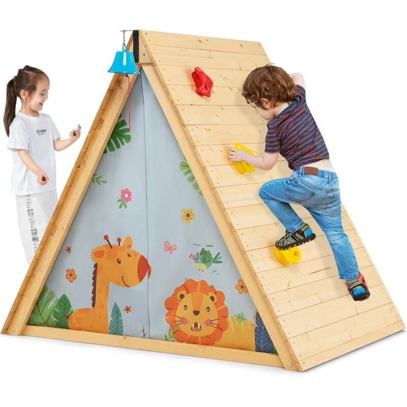 immagine 0 del prodotto casetta da gioco per bambini a triangolo, set di gioco in legno per nascondiglio 2 in 1 con pareti per arrampicarsi e tenda della porta rimovibile,