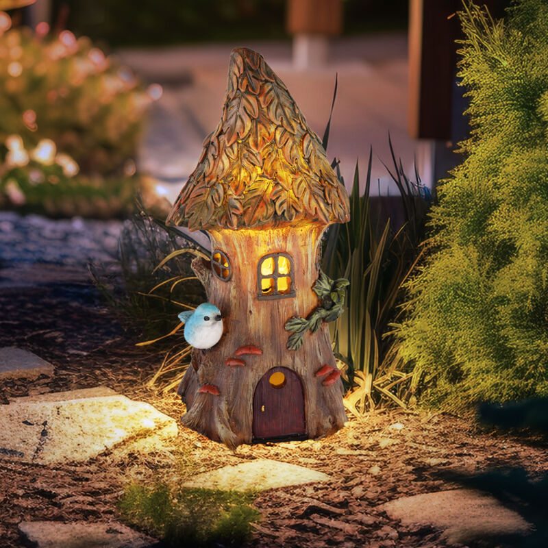 foto del prodotto casetta delle fate per il giardino, decorazione solare solare per esterni, luci solari per giardino, figura decorativa per esterni, casetta con