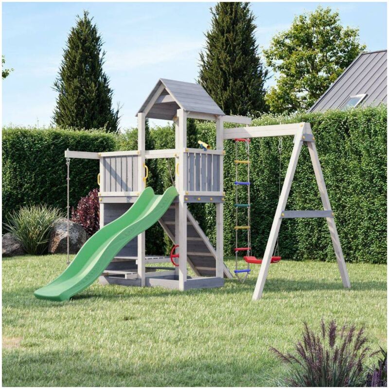 foto del prodotto casetta in legno per bambini con scivolo e altalena parco giochi fungoo activer kdi grigio e bianco