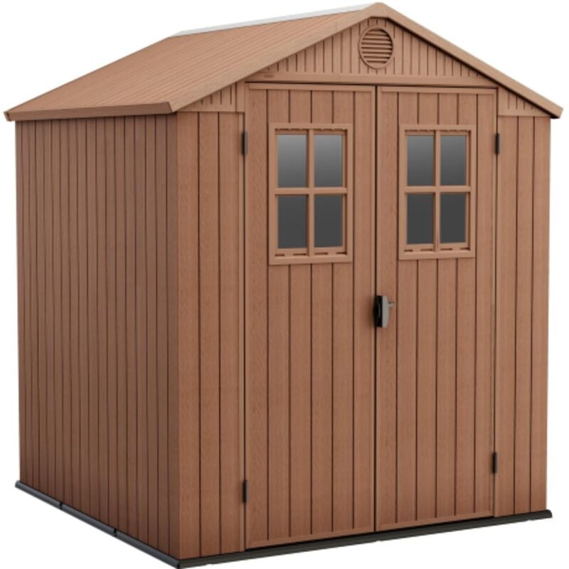 foto del prodotto casetta keter darwin due porte in resina effetto legno con pavimento 190x183x221 cm portata massima tetto 75 kg m2
