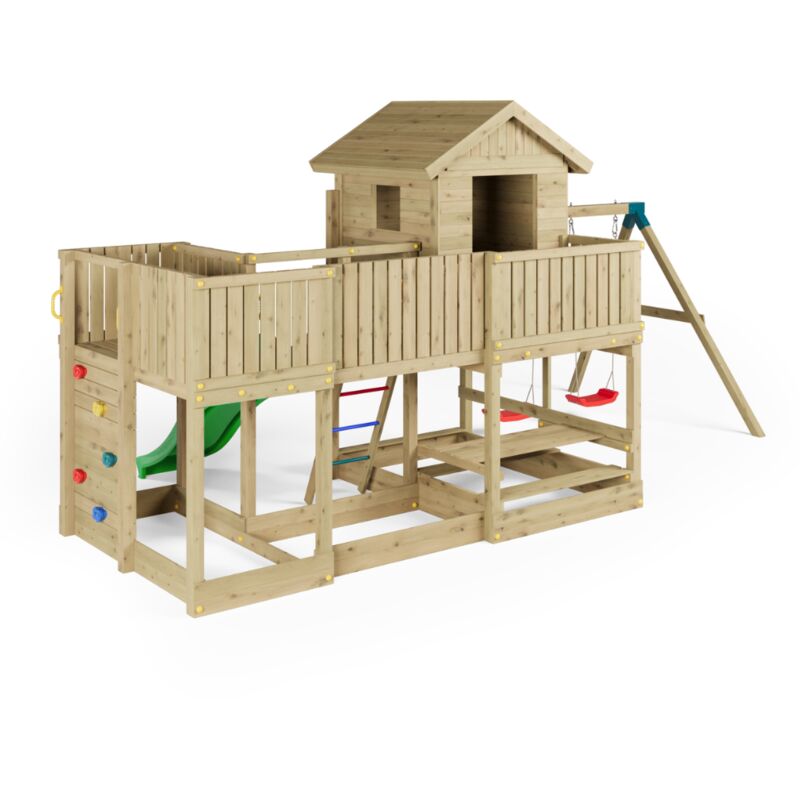 foto del prodotto casetta parco giochi in legno fungoo longstepper con scivolo, due altalene, tavolo picnic e arrampicata