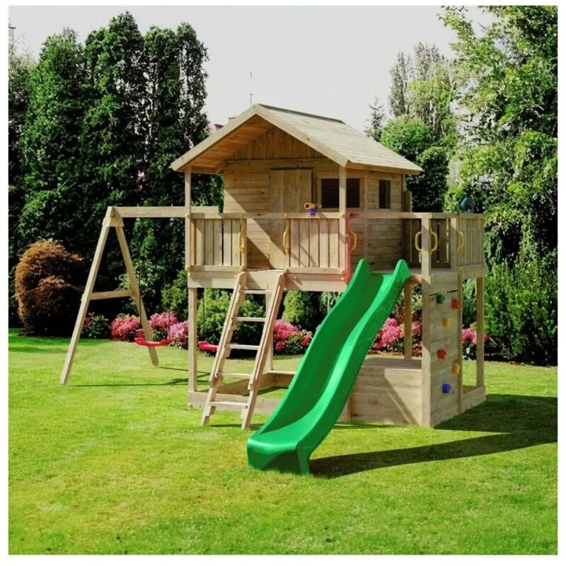 foto del prodotto casetta parco giochi in legno fungoo sunshine con scivolo e due altalene