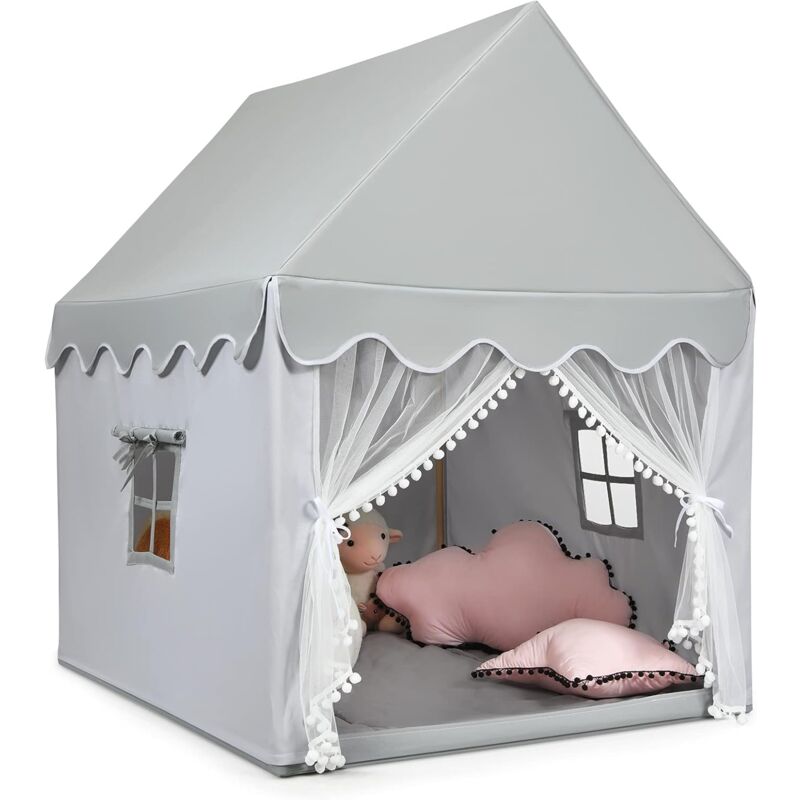 foto del prodotto casetta per bambini, casetta con tenda resistente struttura in solido legno e tappetino di cotone, con tenda porta e finestra costway