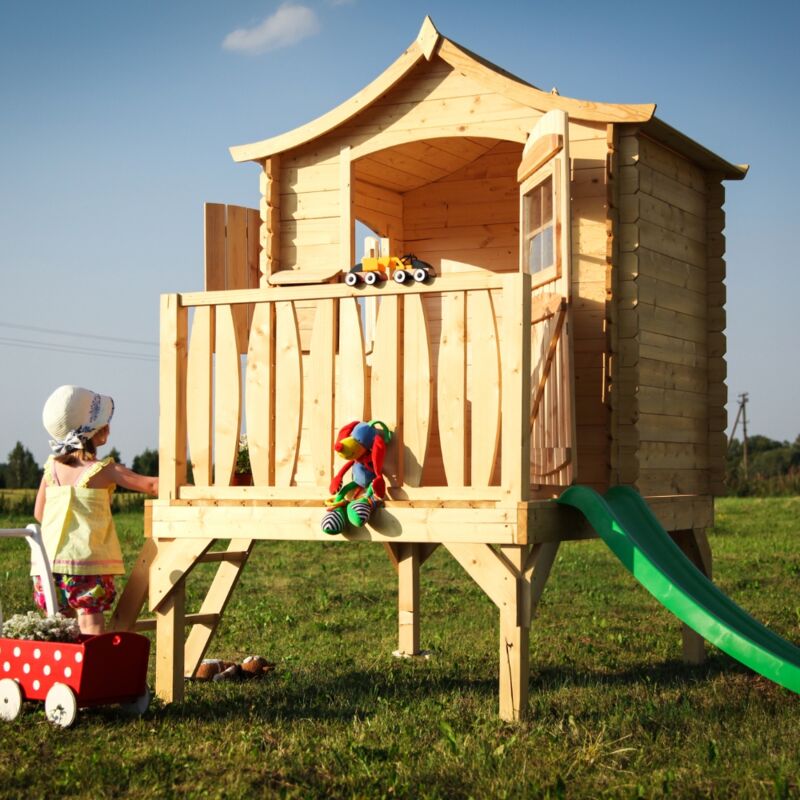 foto del prodotto casetta per bambini in legno con scivolo casetta giocattolo per bambini l112xl146xa212cm 1,1m2 casetta da gioco da esterno casetta da