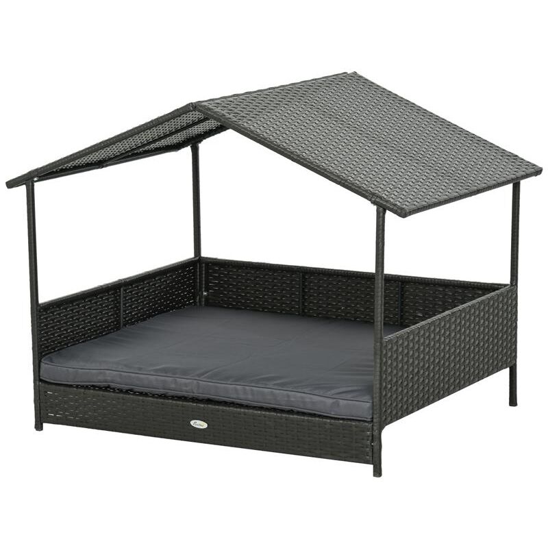 foto del prodotto casetta per cani rialzata con cuscino sfoderabile. in rattan pe e acciaio. 117x85x89 cm. grigio e marrone