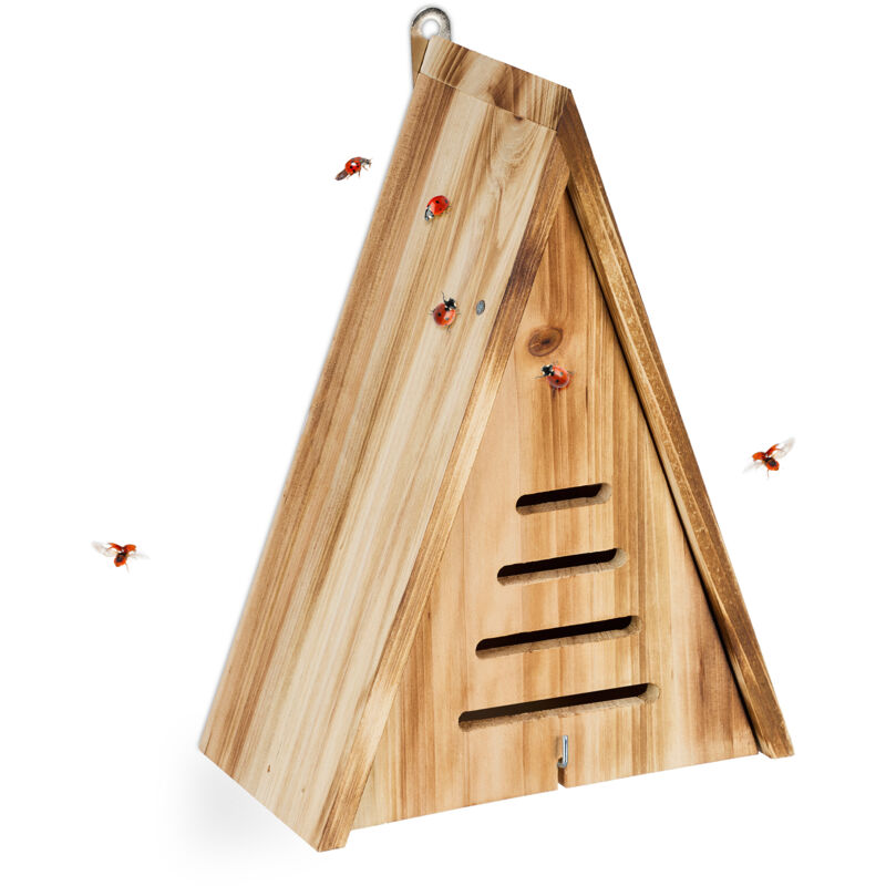 foto del prodotto casetta per coccinelle, hotel per insetti da giardino, legno non trattato, da appendere, 28x21x12 cm, marrone relaxdays