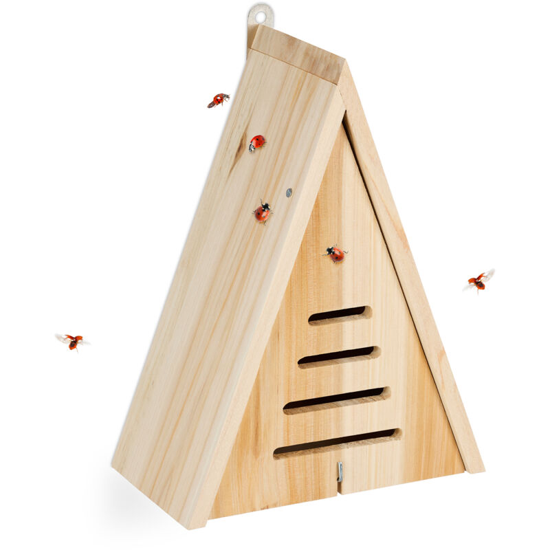 foto del prodotto casetta per coccinelle, hotel per insetti da giardino, legno non trattato, da appendere, 28x21x12 cm, naturale relaxdays