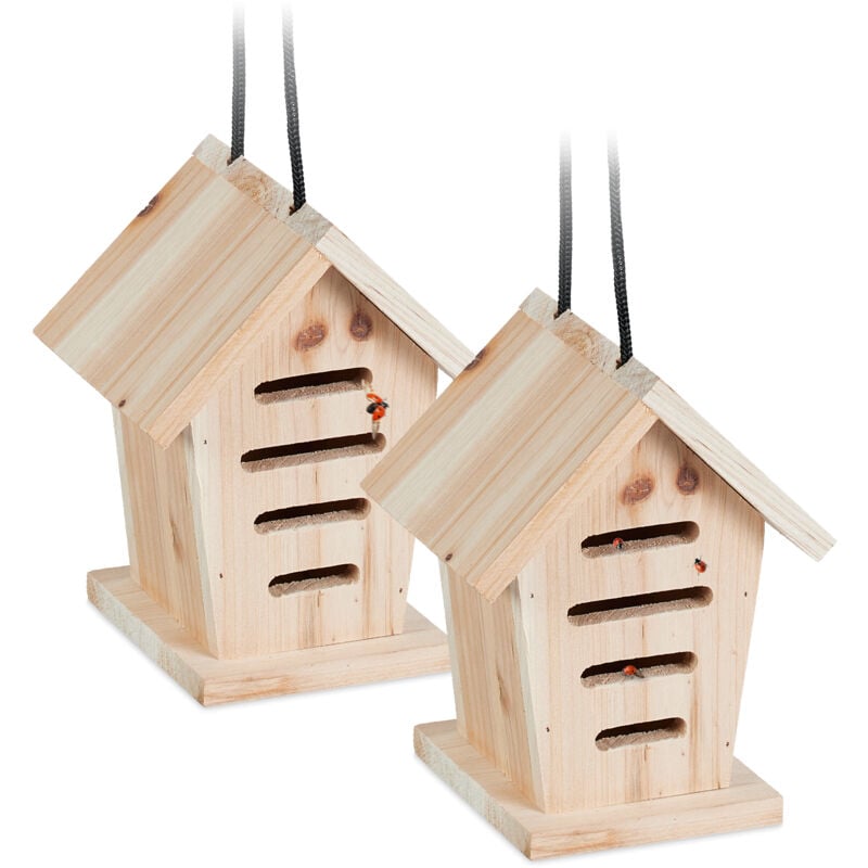 foto del prodotto casetta per coccinelle, set da 2 case in legno grezzo da appendere in giardino, hotel per insetti, naturale relaxdays