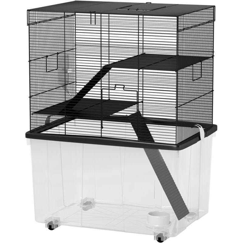 foto del prodotto casetta per criceti 3 piani con ruote, rampe e bottiglia 58x43x74 cm nero pawhut