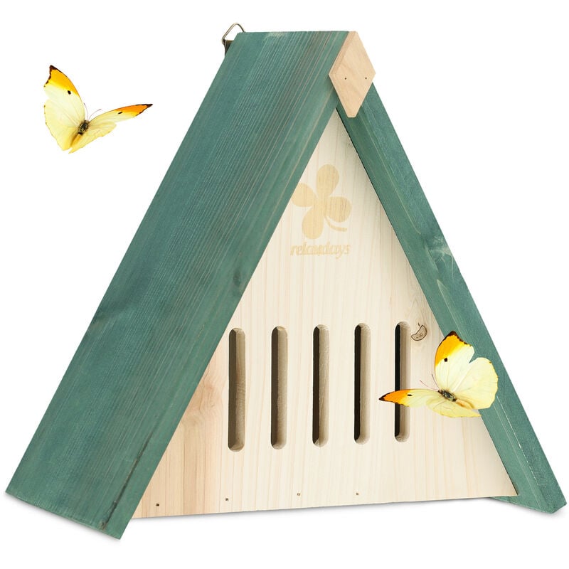 foto del prodotto casetta per farfalle, in legno d abete, da appendere e poggiare in giardino, hlp 26x27,5x16 cm, natura verde relaxdays