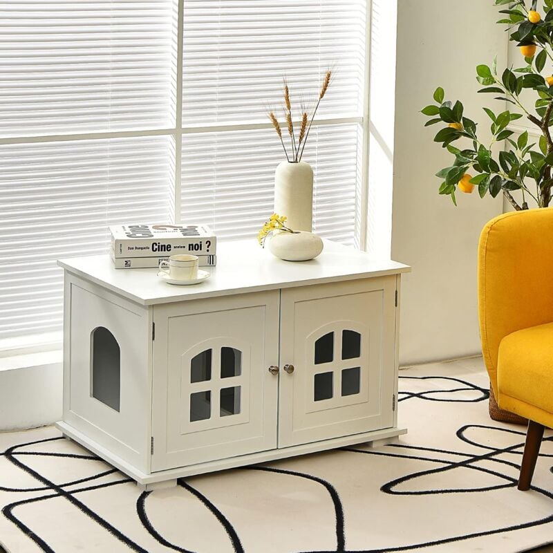 foto del prodotto casetta per gatti, casetta comodino per gatti con doppie porte e finestre, casetta decorativa ventilata per domestici, 81 x 53 x 49 cm bianco 