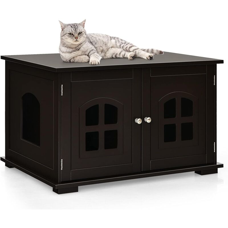 foto del prodotto casetta per gatti, casetta comodino per gatti con doppie porte e finestre, casetta decorativa ventilata per domestici, 81 x 53 x 49 cm marrone 