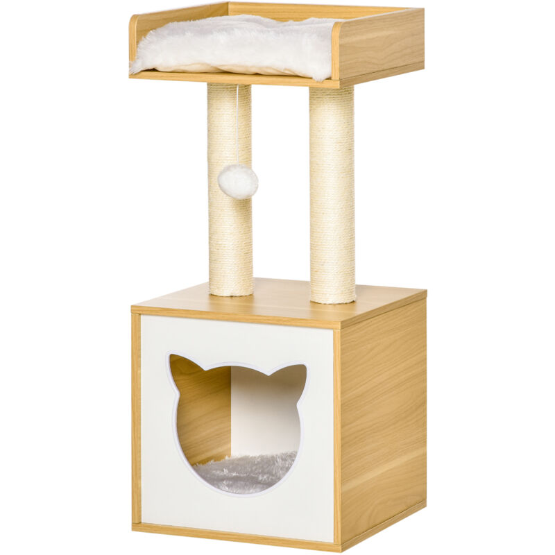 foto del prodotto casetta per gatti con pali tiragraffi in sisal, 35x35x81cm pawhut