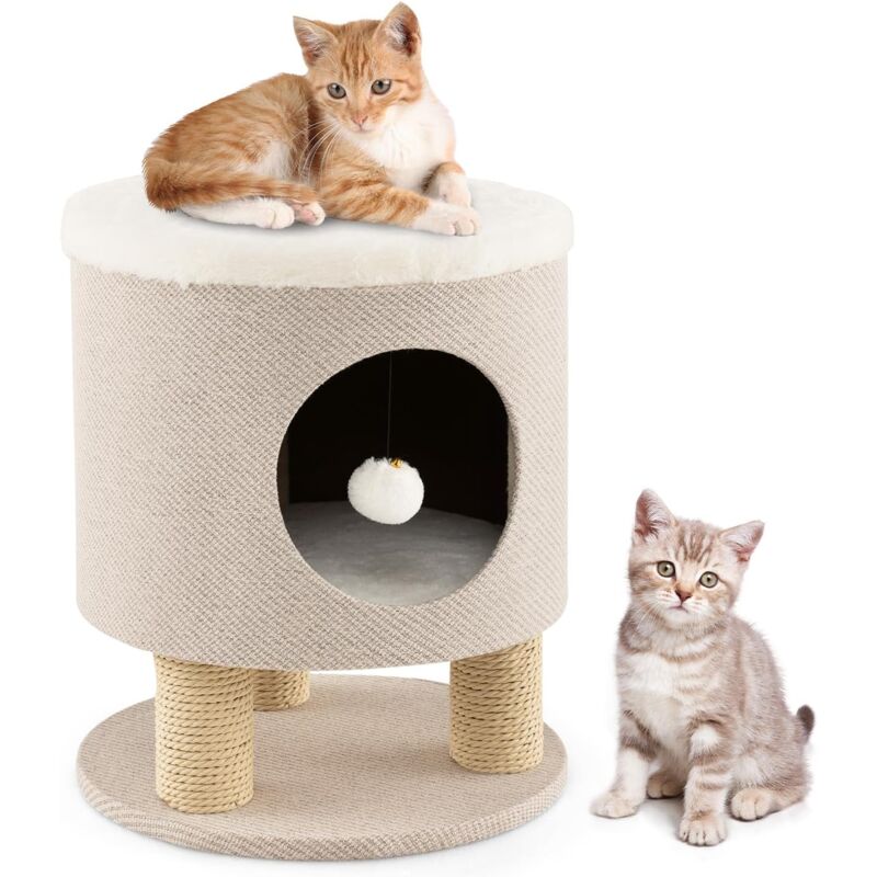 foto del prodotto casetta per gatti con tiragraffi, palla di peluche, 3 in 1, come sgabello ottomana poggiapiedi, 40 x 40 x 47 cm 1 beige goplus