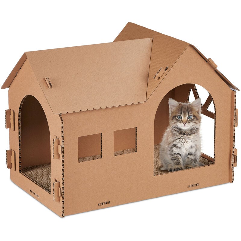 foto del prodotto casetta per gatti, cuccia di cartone, scatola gioco animali domestici, tiragraffi hlp 36x49x29 cm, marrone relaxdays