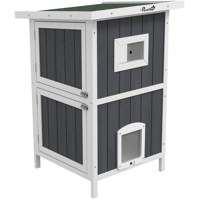 foto del prodotto casetta per gatti da esterno a 2 livelli in legno con 4 porte grigio pawhut